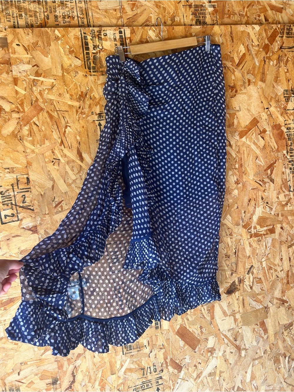 J. Crew Navy and White Polka Dot Asymmetrical Ruffle Wrap Skirt